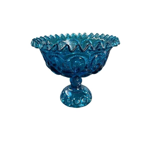 Vintage LE Smith Blue Moon and Stars Glass Ruffle Pedestal Compote Bowl Dish - Picture 5 of 7